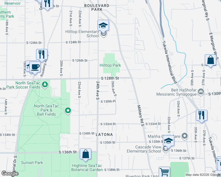 map of restaurants, bars, coffee shops, grocery stores, and more near 12848 24th Avenue South in SeaTac