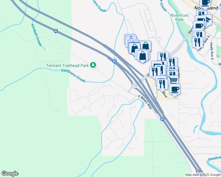 map of restaurants, bars, coffee shops, grocery stores, and more near 1525 Rock Creek Ridge Boulevard Southwest in North Bend