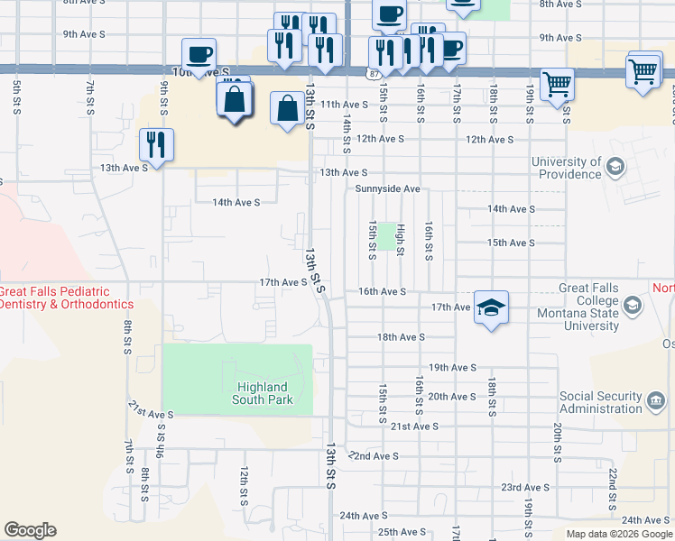 map of restaurants, bars, coffee shops, grocery stores, and more near 1417 14th St S in Great Falls