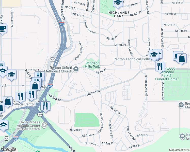 map of restaurants, bars, coffee shops, grocery stores, and more near 2307 Northeast 4th Street in Renton
