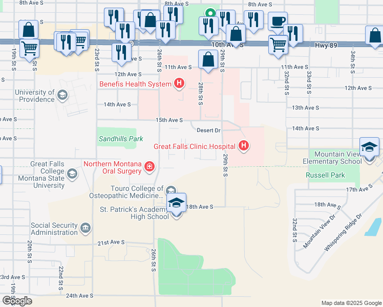 map of restaurants, bars, coffee shops, grocery stores, and more near 2821 16th Ave S in Great Falls