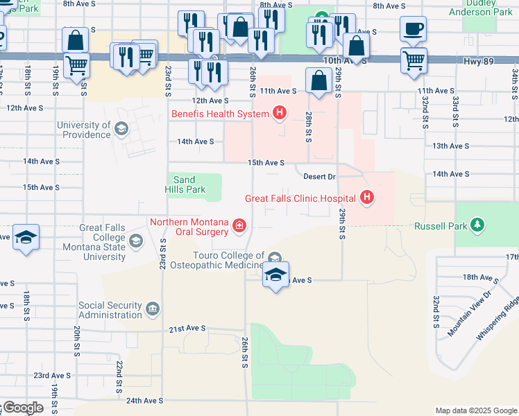 map of restaurants, bars, coffee shops, grocery stores, and more near 2605 16th Avenue South in Great Falls