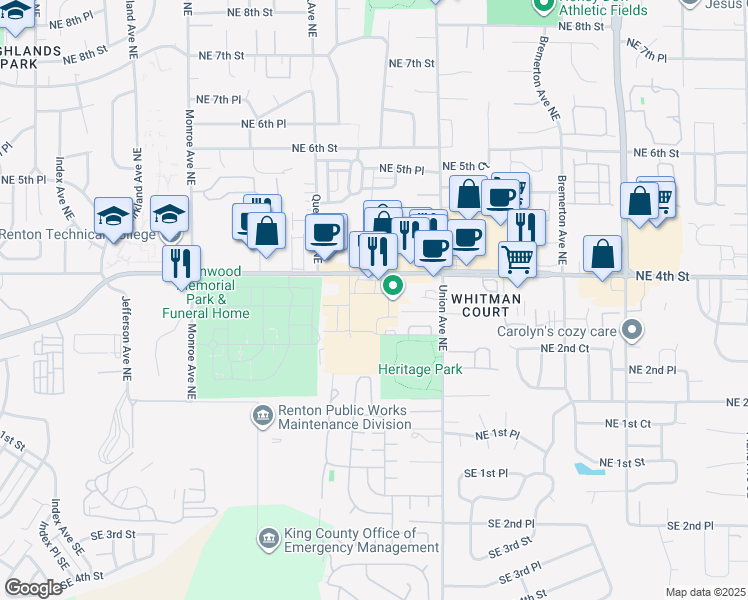 map of restaurants, bars, coffee shops, grocery stores, and more near 3805 Northeast 4th Street in Renton