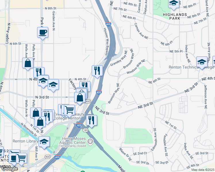 map of restaurants, bars, coffee shops, grocery stores, and more near 404 Sunset Boulevard North in Renton