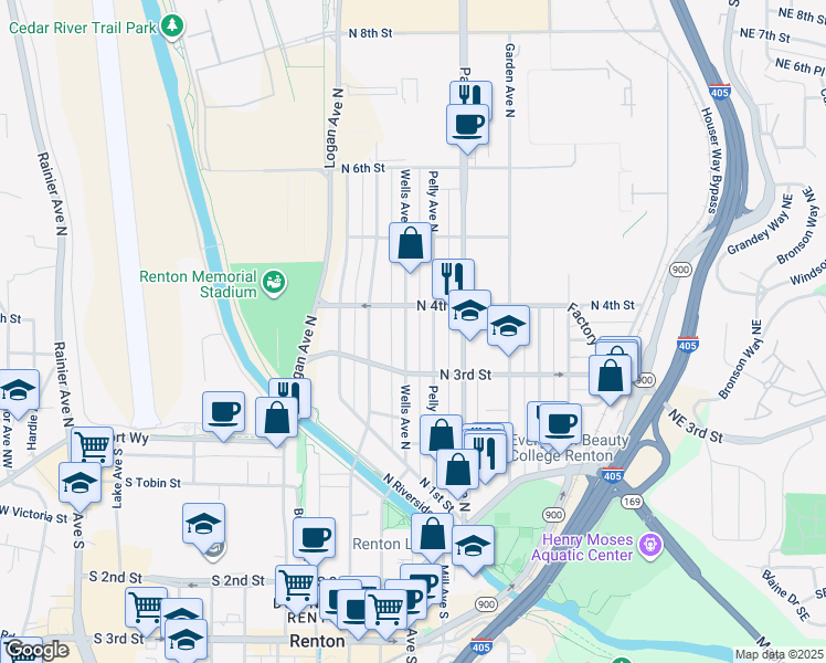 map of restaurants, bars, coffee shops, grocery stores, and more near 401 Pelly Avenue North in Renton