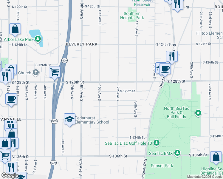 map of restaurants, bars, coffee shops, grocery stores, and more near 1039 South 128th Street in Burien