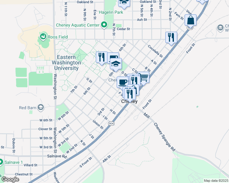 map of restaurants, bars, coffee shops, grocery stores, and more near 306 F Street in Cheney