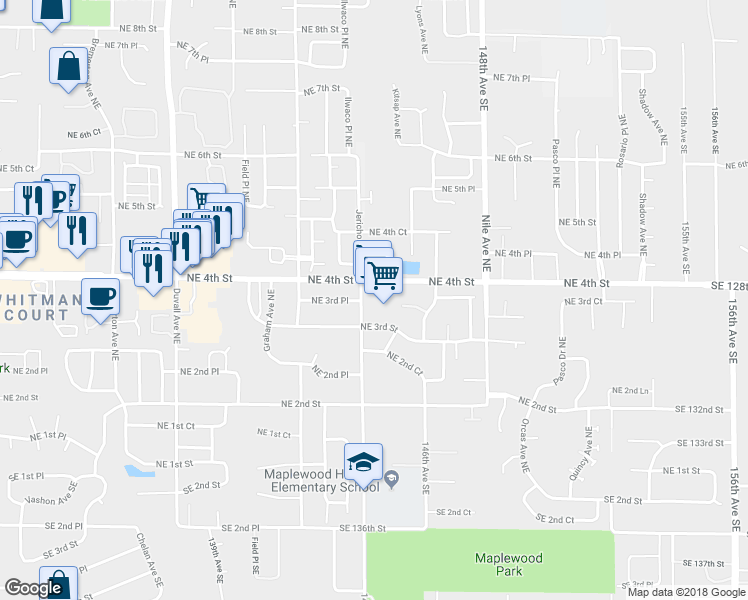 map of restaurants, bars, coffee shops, grocery stores, and more near 5325 Northeast 4th Street in Renton