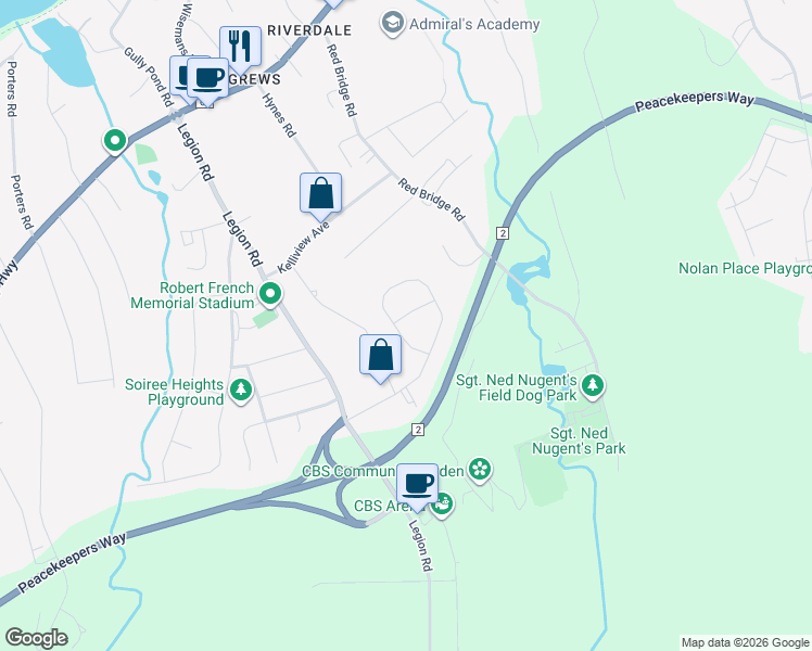 map of restaurants, bars, coffee shops, grocery stores, and more near 9 Marios Street in Conception Bay South