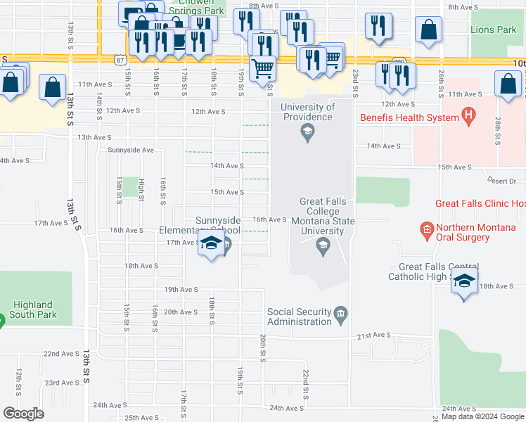 map of restaurants, bars, coffee shops, grocery stores, and more near 1924 15th Avenue South in Great Falls