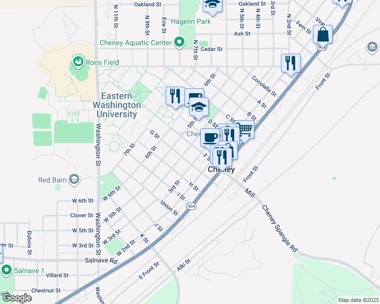 map of restaurants, bars, coffee shops, grocery stores, and more near 323 5th Street in Cheney