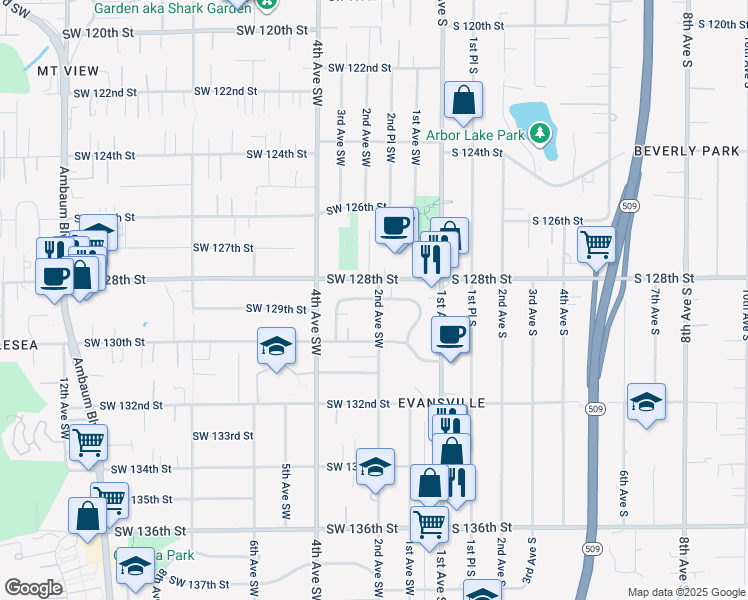 map of restaurants, bars, coffee shops, grocery stores, and more near 210 Southwest 129th Street in Burien