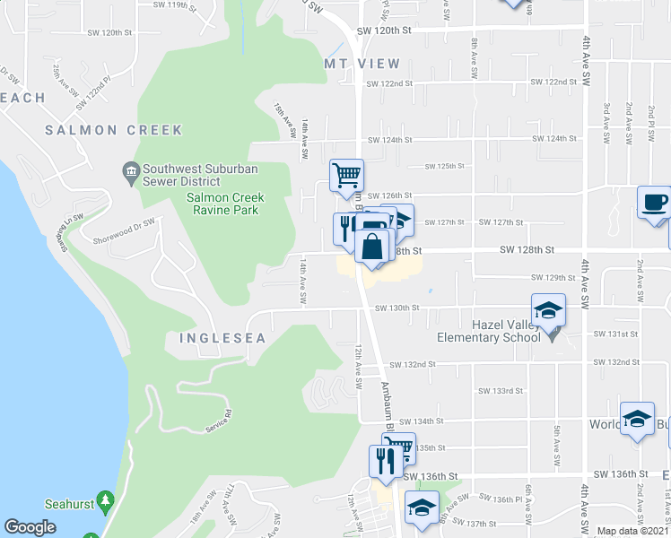 map of restaurants, bars, coffee shops, grocery stores, and more near 12653 Ambaum Boulevard Southwest in Burien