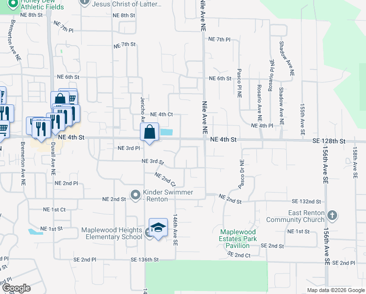 map of restaurants, bars, coffee shops, grocery stores, and more near 4403 Northeast 3rd Lane in Renton