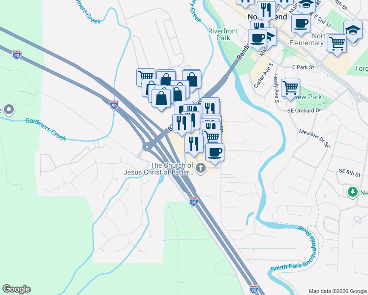 map of restaurants, bars, coffee shops, grocery stores, and more near 460 Southwest Mount Si Boulevard in North Bend