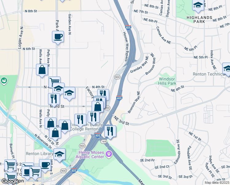 map of restaurants, bars, coffee shops, grocery stores, and more near 350 Sunset Boulevard North in Renton