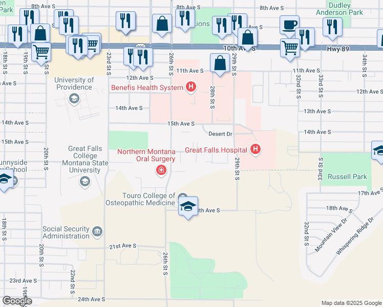 map of restaurants, bars, coffee shops, grocery stores, and more near 2617 16th Avenue South in Great Falls