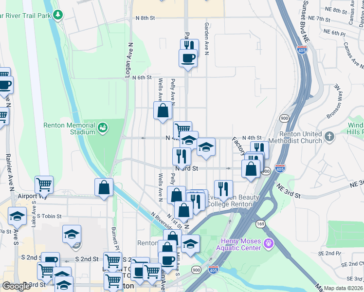 map of restaurants, bars, coffee shops, grocery stores, and more near in Renton