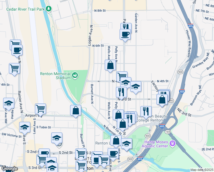 map of restaurants, bars, coffee shops, grocery stores, and more near 817 North 4th Street in Renton