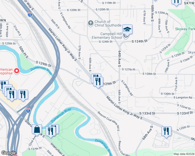 map of restaurants, bars, coffee shops, grocery stores, and more near 12825 60th Lane South in Seattle