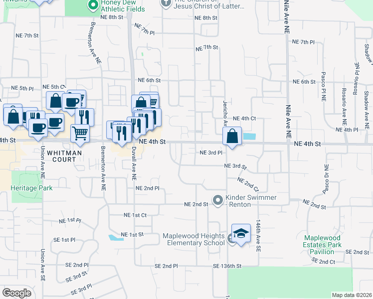 map of restaurants, bars, coffee shops, grocery stores, and more near 385 Graham Avenue Northeast in Renton