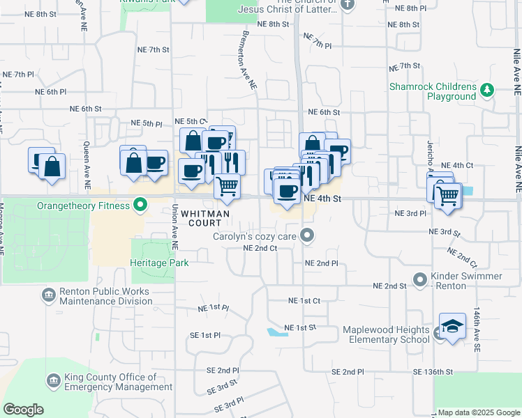 map of restaurants, bars, coffee shops, grocery stores, and more near 4505 Northeast 4th Street in Renton
