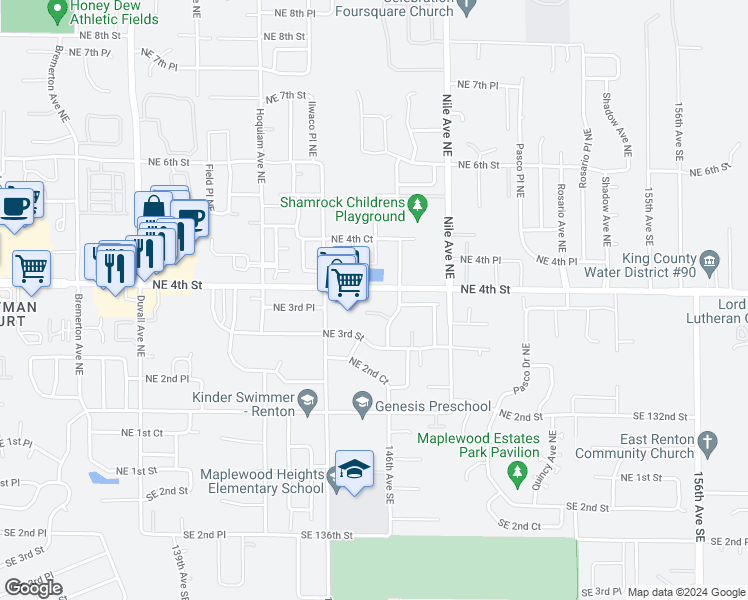 map of restaurants, bars, coffee shops, grocery stores, and more near 5415 Northeast 4th Street in Renton