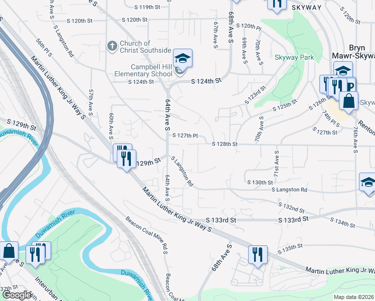 map of restaurants, bars, coffee shops, grocery stores, and more near 12803 66th Avenue South in Seattle