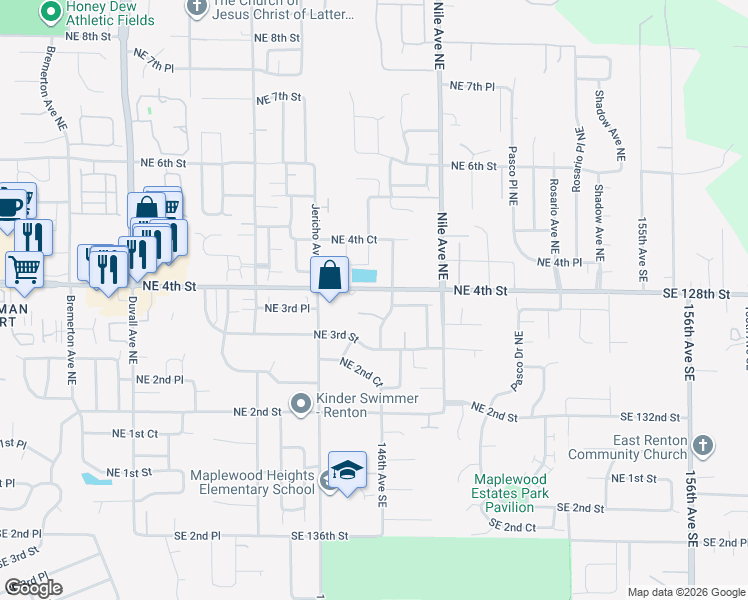 map of restaurants, bars, coffee shops, grocery stores, and more near 5409 Northeast 4th Street in Renton