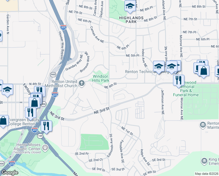 map of restaurants, bars, coffee shops, grocery stores, and more near 401 Edmonds Avenue Northeast in Renton