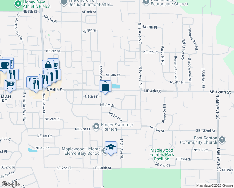 map of restaurants, bars, coffee shops, grocery stores, and more near 5415 Northeast 4th Street in Renton