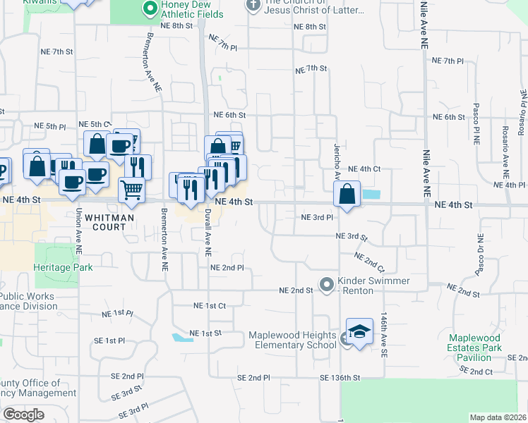 map of restaurants, bars, coffee shops, grocery stores, and more near 385 Graham Avenue Northeast in Renton