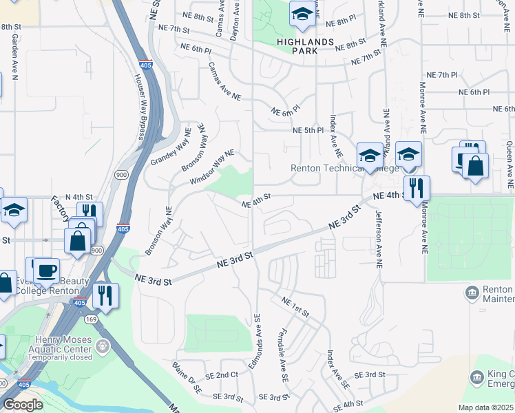 map of restaurants, bars, coffee shops, grocery stores, and more near 401 Edmonds Avenue Northeast in Renton