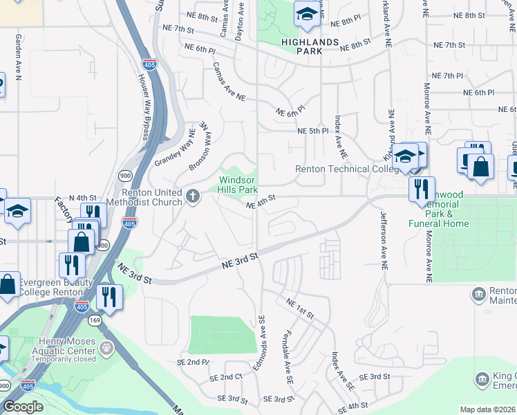 map of restaurants, bars, coffee shops, grocery stores, and more near 401 Edmonds Avenue Northeast in Renton