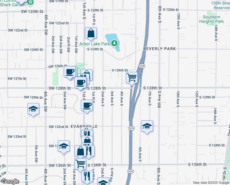 map of restaurants, bars, coffee shops, grocery stores, and more near 309 South 128th Street in Burien