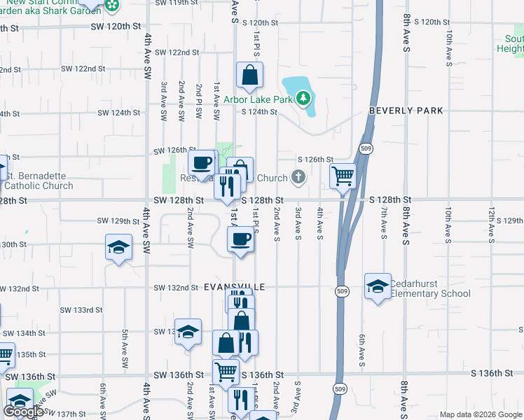 map of restaurants, bars, coffee shops, grocery stores, and more near 12804 Occidental Avenue South in Burien