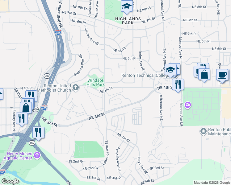 map of restaurants, bars, coffee shops, grocery stores, and more near 2603 Northeast 4th Street in Renton