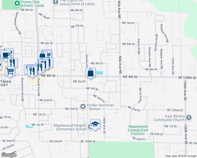 map of restaurants, bars, coffee shops, grocery stores, and more near 5409 Northeast 4th Street in Renton