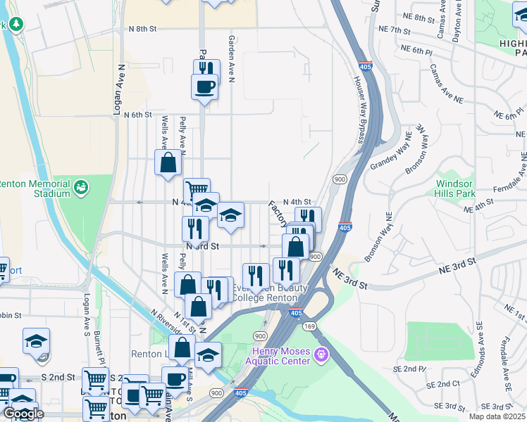 map of restaurants, bars, coffee shops, grocery stores, and more near 351 Factory Avenue North in Renton