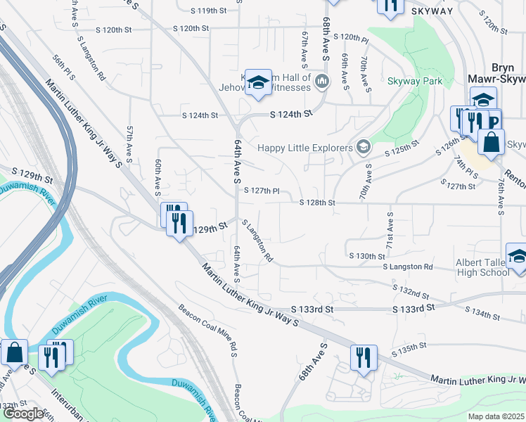 map of restaurants, bars, coffee shops, grocery stores, and more near 12803 66th Avenue South in Seattle