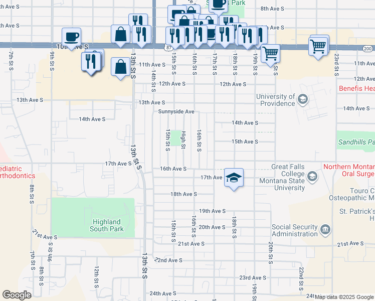 map of restaurants, bars, coffee shops, grocery stores, and more near 1503 High Street in Great Falls