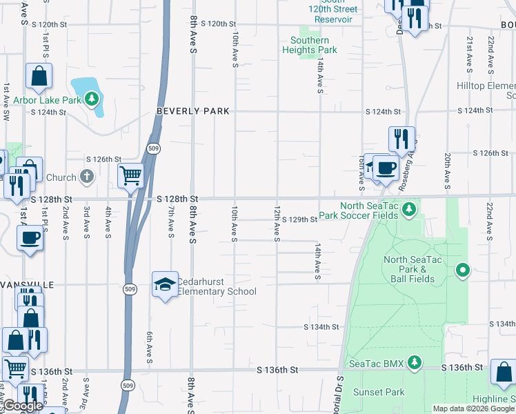 map of restaurants, bars, coffee shops, grocery stores, and more near 1033 South 128th Street in Burien