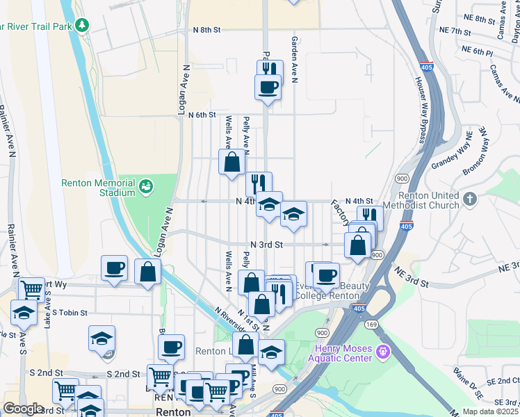 map of restaurants, bars, coffee shops, grocery stores, and more near in Renton