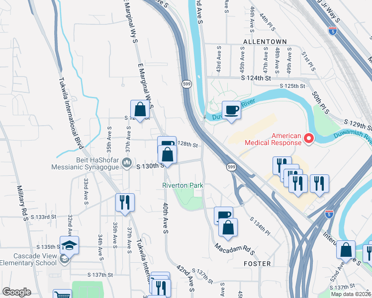 map of restaurants, bars, coffee shops, grocery stores, and more near 4054 South 128th Street in Tukwila