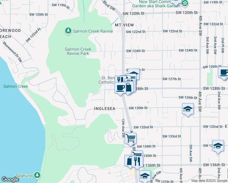 map of restaurants, bars, coffee shops, grocery stores, and more near 12731 13th Lane Southwest in Seattle