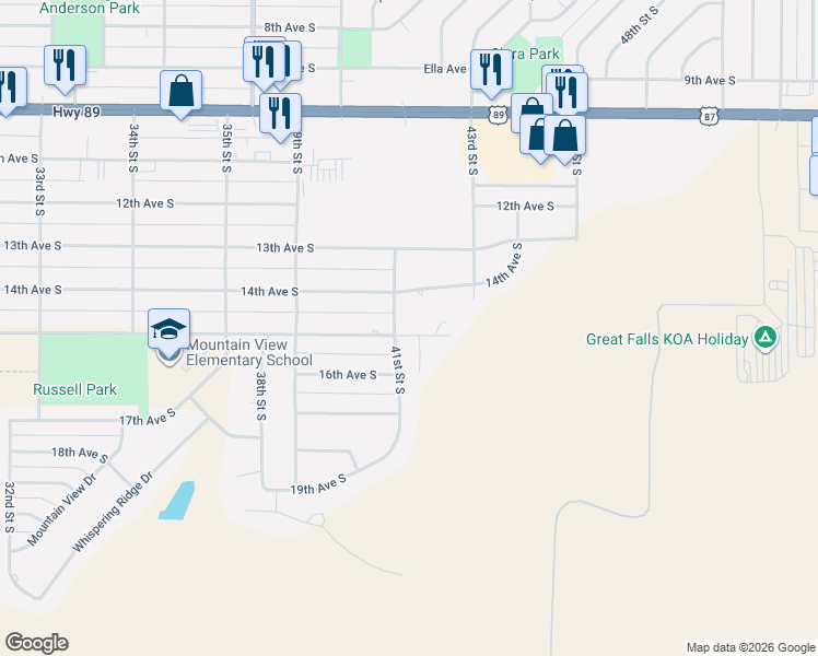 map of restaurants, bars, coffee shops, grocery stores, and more near 1409 41st St S in Great Falls