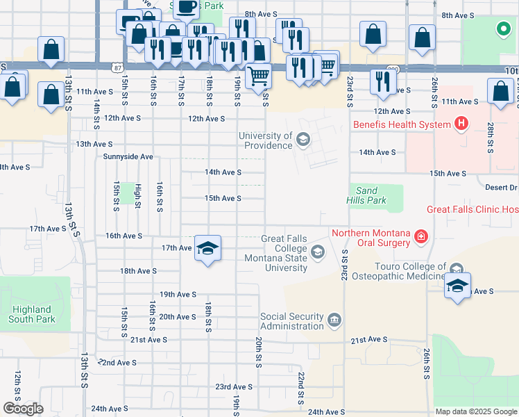 map of restaurants, bars, coffee shops, grocery stores, and more near 1512 20th Street South in Great Falls