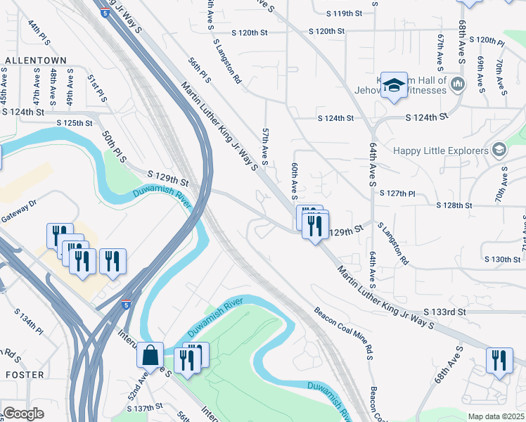 map of restaurants, bars, coffee shops, grocery stores, and more near 5700 South 129th Street in Seattle