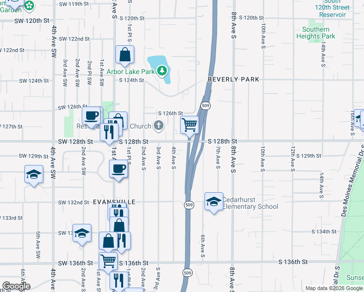 map of restaurants, bars, coffee shops, grocery stores, and more near 415 South 128th Street in Burien