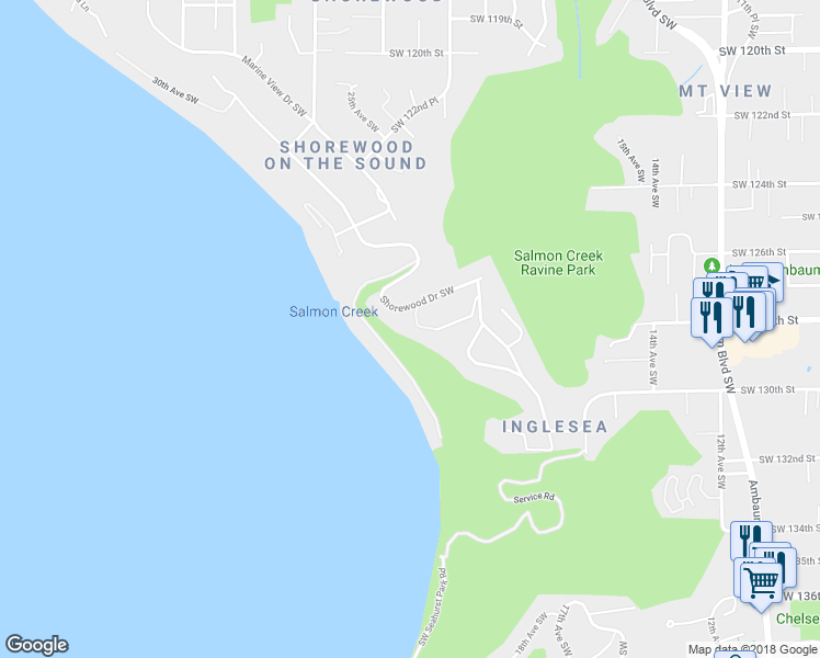 map of restaurants, bars, coffee shops, grocery stores, and more near 12637 Shorewood Drive Southwest in Burien